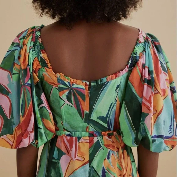 Farm Rio Multicolor Banana Foliage Puff Sleeve Midi Dress - Picture 3 of 6